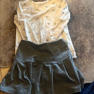 H&M White and Gray Matching Set with Bow Top and Pleated Skirt